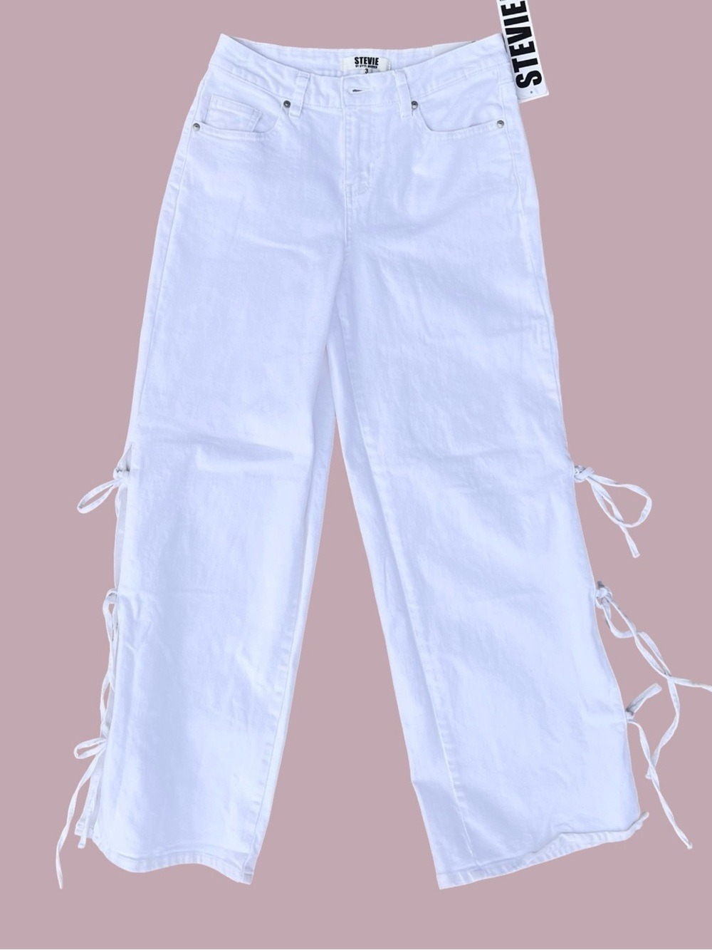 NWT $69 STEVIE by Steve Madden Cloud Dancer Side-Tie Wide Leg Pants Sizes 3 &